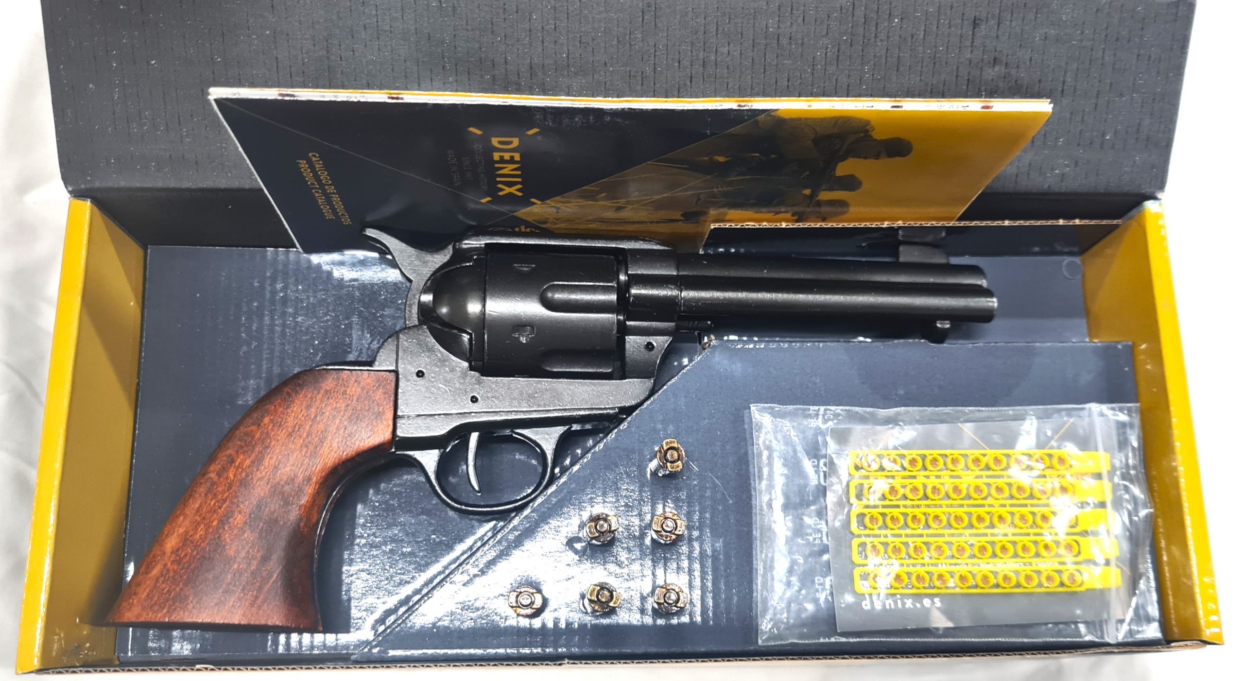 Denix Colt 45 Western frontier revolver antique brown wood grips & 6 cap gun bullets with 50 caps