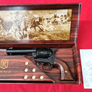 Western Peacemaker Single Action Army Revolver 45 pistol with 6 cap gun bullet rounds and gift box by Kolser black with wooden grips. 1062 1W