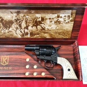 Western Peacemaker Snub nose Army Revolver 45 pistol with 6 cap gun bullet rounds and gift box by Kolser black with faux ivory handle. 1061 1M