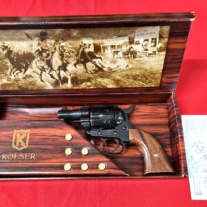 Western Peacemaker Snub nose Army Revolver 45 pistol with 6 cap gun bullet rounds and gift box by Kolser black with wood handle. 1061 1W