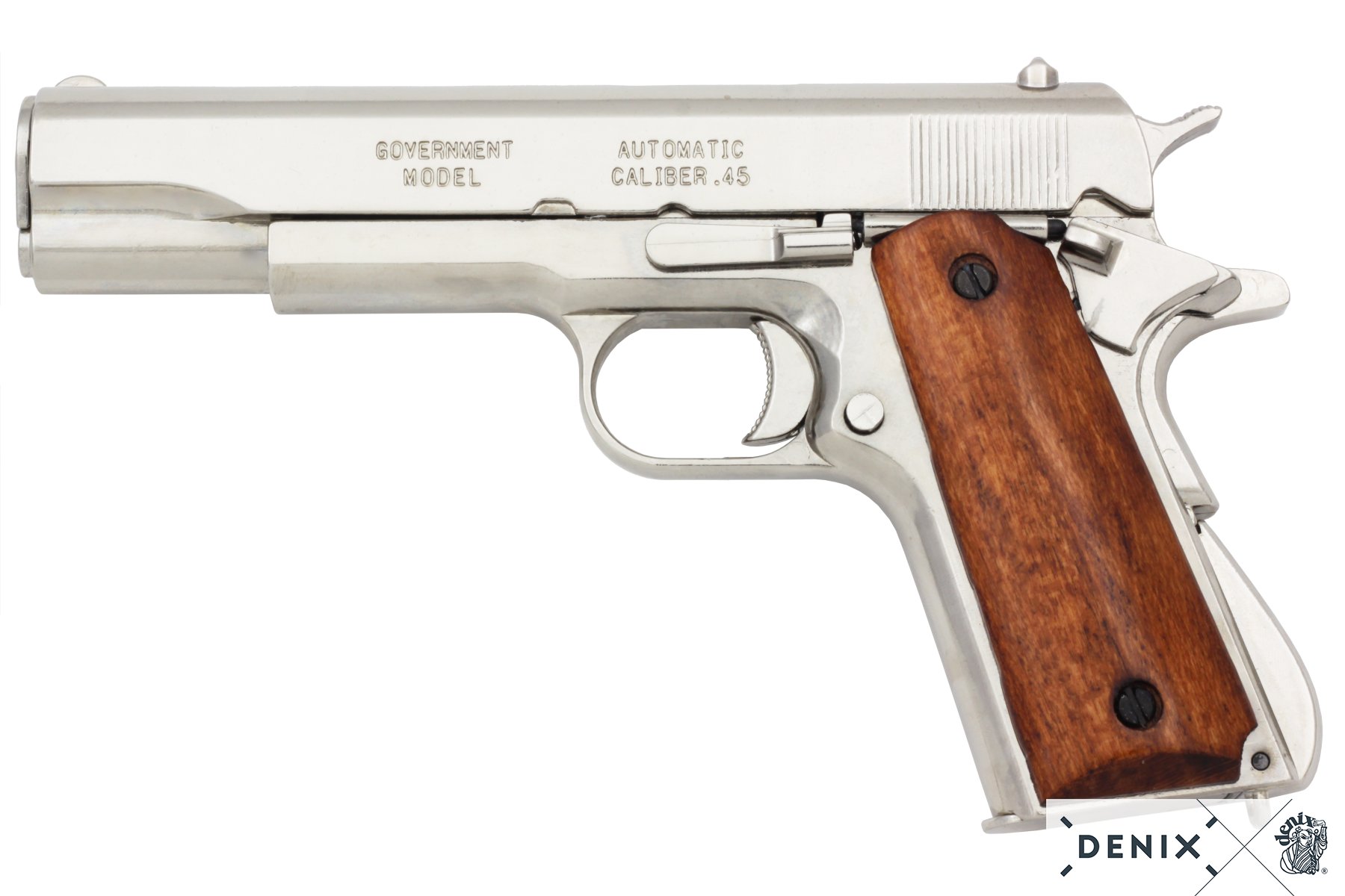 REPLICA M1911 US COLT HAND GUN PISTOL DENIX – NICKEL STRIP DOWN TYPE WOODEN GRIPS - 6312