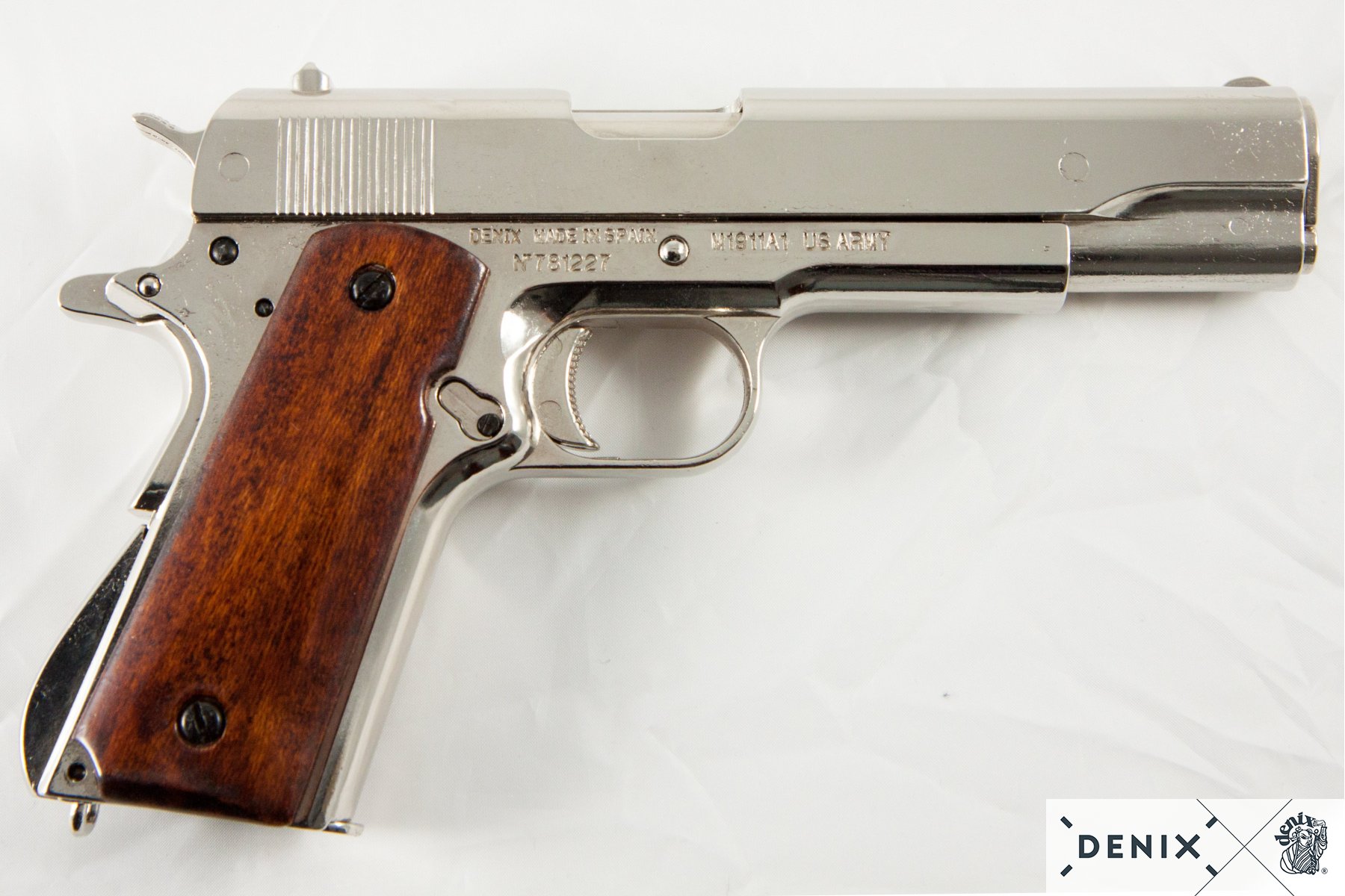 REPLICA M1911 US COLT HAND GUN PISTOL DENIX – NICKEL STRIP DOWN TYPE WOODEN GRIPS - 6312 - Image 2
