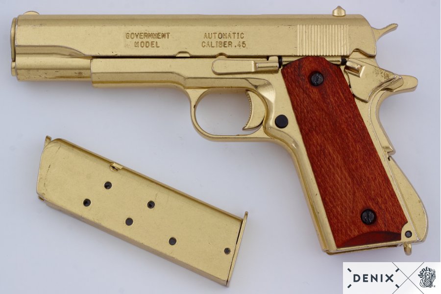 REPLICA M1911 US COLT HAND GUN PISTOL DENIX – GOLD STRIP DOWN TYPE WOODEN GRIPS - 5312