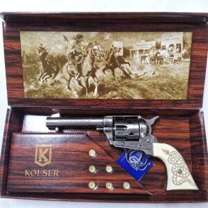 Replica Colt 45 Fast Draw 4.75-inch Revolver with 6 faux bullets and gift box by Kolser - Polished Nickel with faux ivory snake grip handle - 1062-1SNP