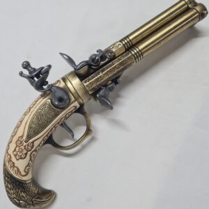 DENIX FRENCH REVOLVING TRIPLE BARREL FLINTLOCK PISTOL FRANCE 18THc. ENGRAVED WITH EAGLE HEAD