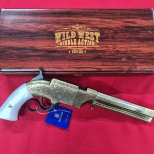 1854 WESTERN LEVER ACTION REPEATER VOLCANIC PISTOL IN ANTIQUE BRASS FINISH WITH FAUX PEARL GRIPS - REPLICA KOLSER GUN. 8749-ML