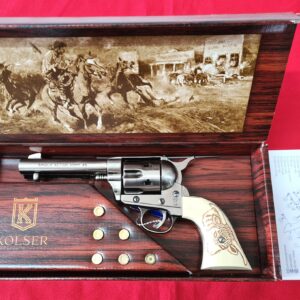 Replica Colt 45 Fast Draw 4.75-inch Revolver with 6 faux bullets and gift box by Kolser - Polished Nickel with faux ivory bull grip handle - 1062-1TNP
