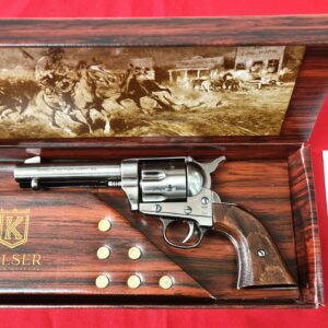 Replica Colt 45 Fast Draw 4.75-inch Revolver with 6 faux bullets and gift box by Kolser - Polished nickel with wood handle - 1062-1WNP
