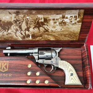 Replica Colt 45 Fast Draw 4.75 inch Revolver with 6 faux bullets and gift box by Kolser - Polished Nickel with faux ivory handle - 1062-1MNP