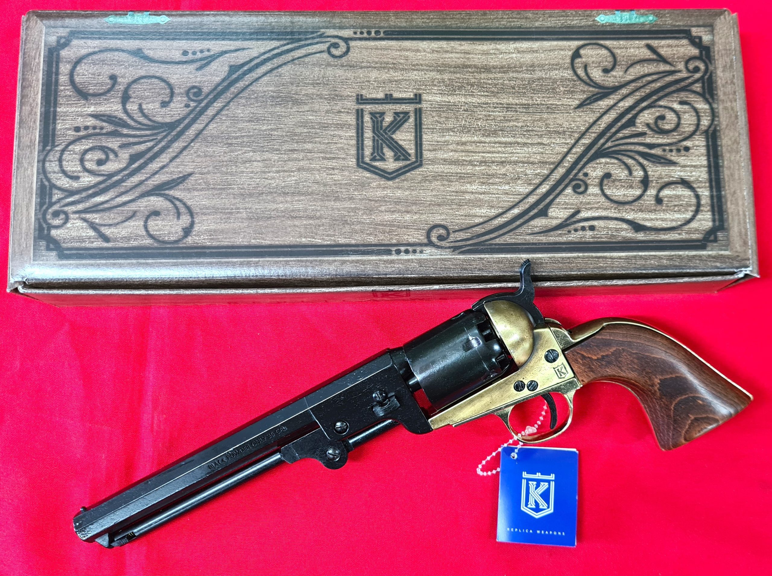US Western 1851 Colt Navy revolver .36 pistol in brass tone and black with gift box by Kolser, 8751-WL