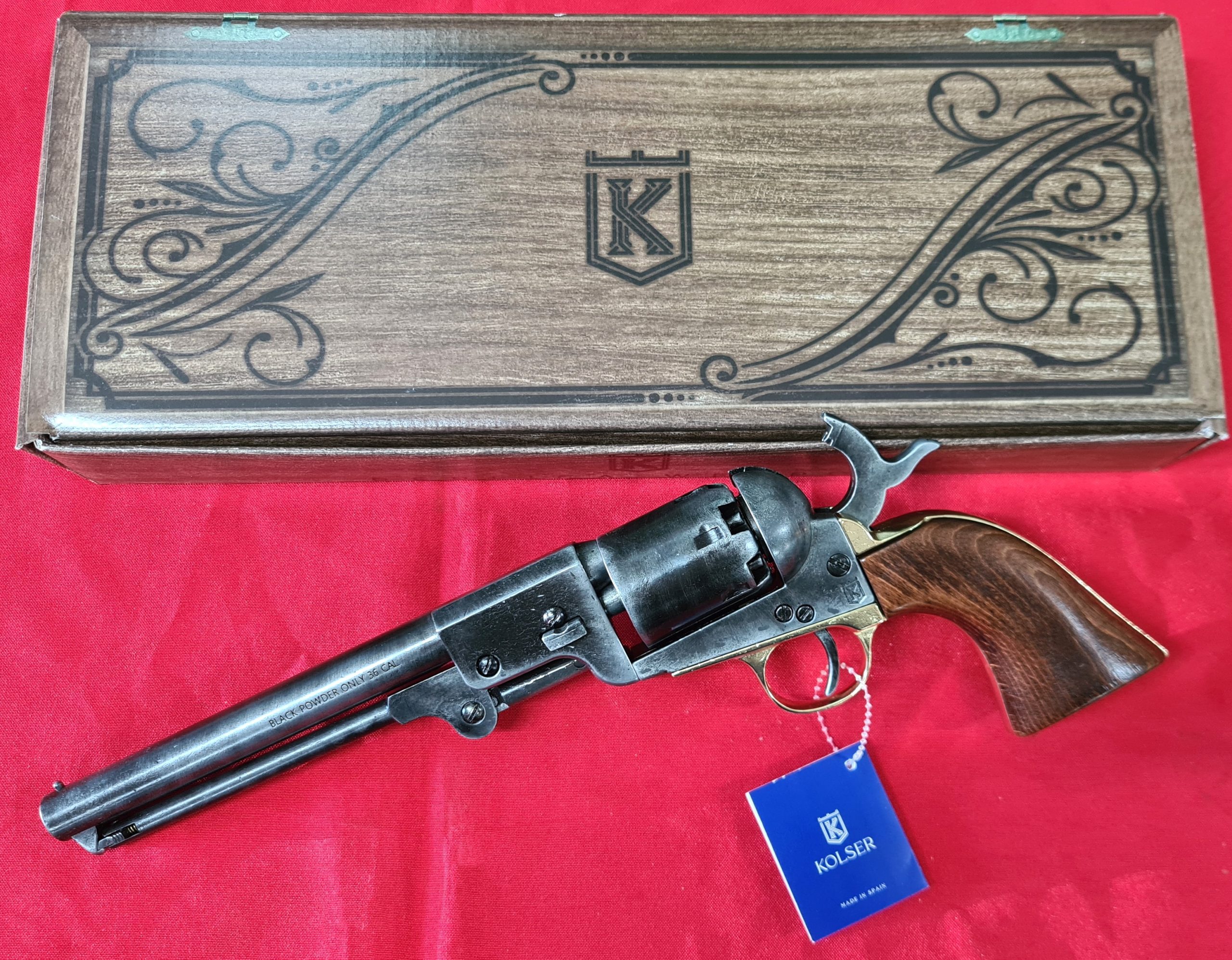 US Western Confederate 1862 Colt Navy revolver .36 pistol in brass tone and antiqued grey black metal with gift box by Kolser 8750-WL