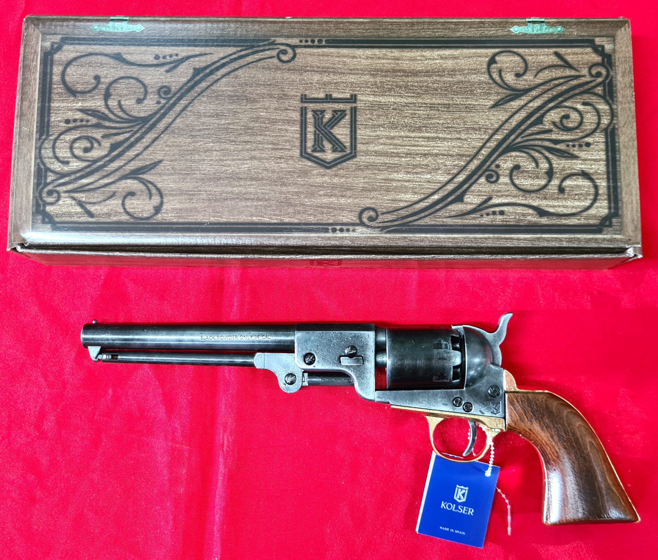 US Western Confederate 1862 Colt Navy revolver .36 pistol in brass tone and antiqued grey black metal with gift box by Kolser 8750-WL - Image 5