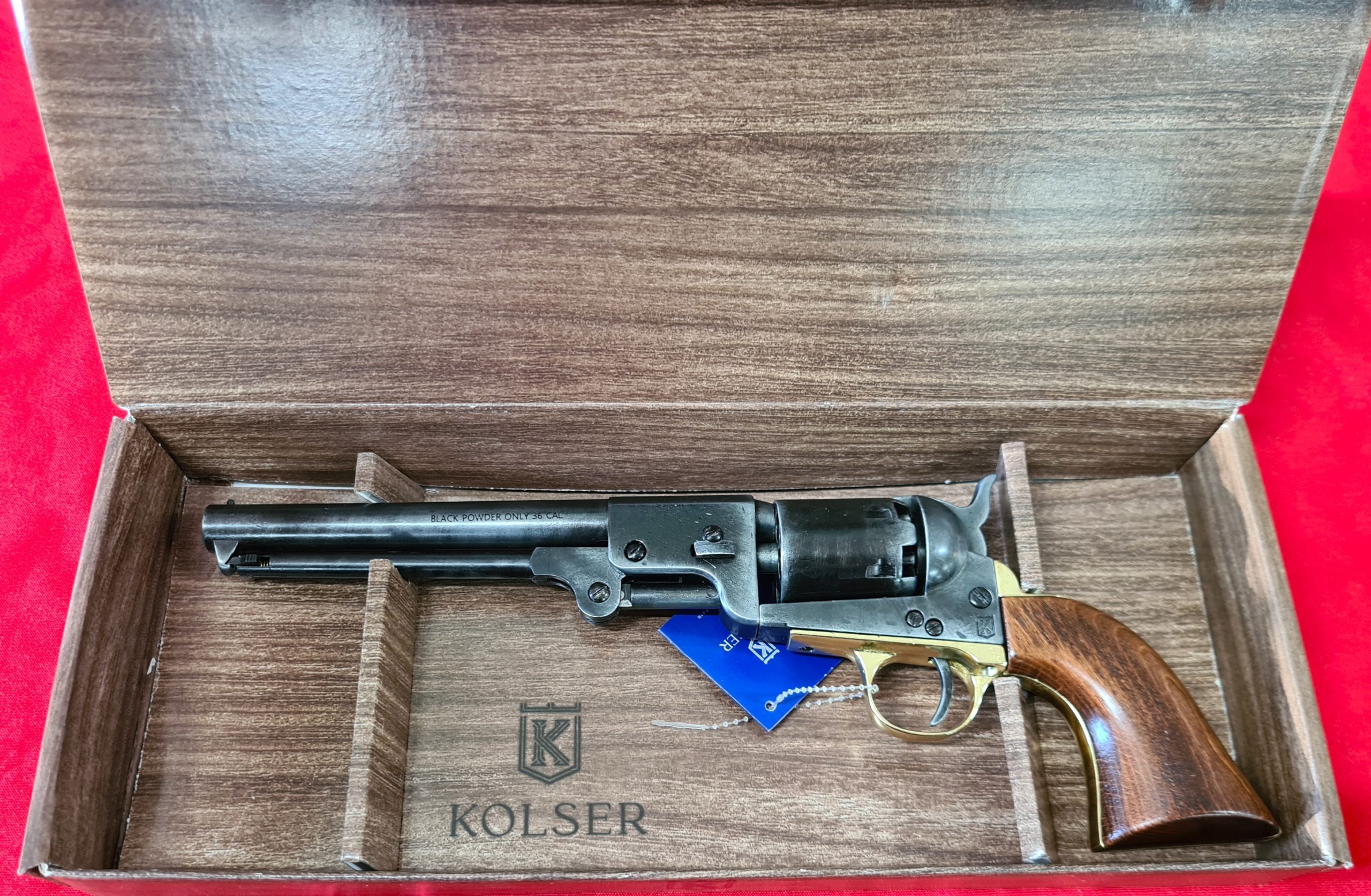 US Western Confederate 1862 Colt Navy revolver .36 pistol in brass tone and antiqued grey black metal with gift box by Kolser 8750-WL - Image 8