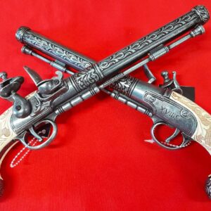 KOLSER EUROPEAN REPLICA FLINTLOCK DUELING PISTOLS PAIR IN SET - PEARL AND GREY FINISH IN DISPLAY BOX - 1102-2