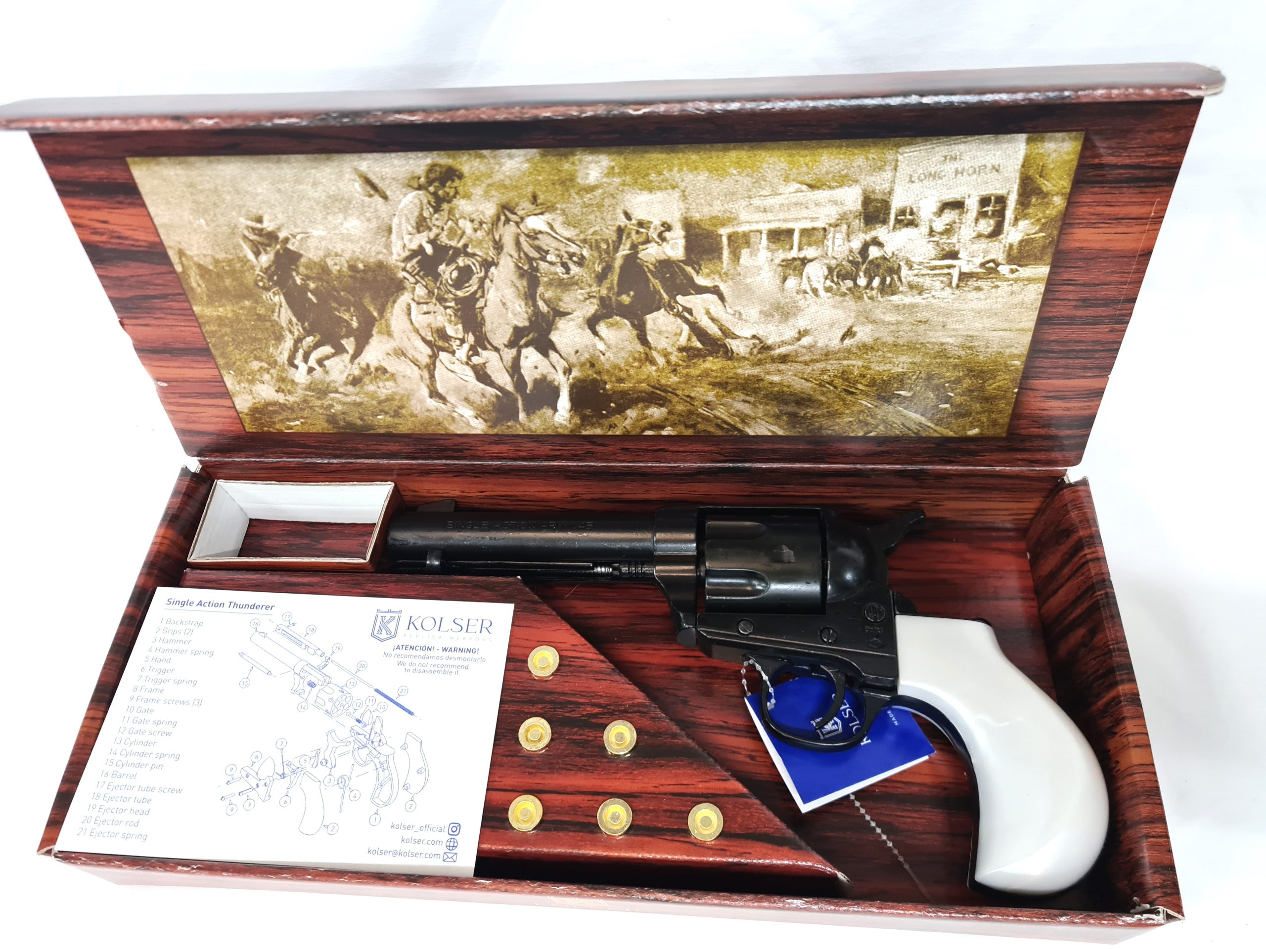 Replica Thunderer Revolver including 6 faux bullets in gift box by Kolser - Black finish with Faux Pearl handle - 1056-1PE